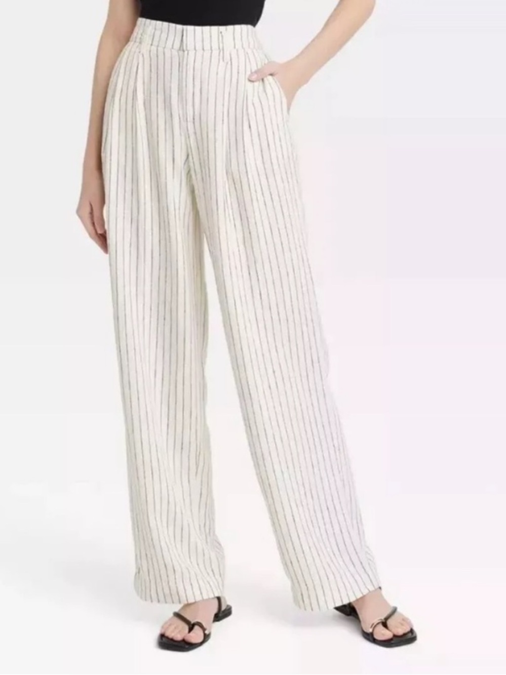 A New Day Linen Blend Striped Wide Leg Pants Size 2 Cream Black Coastal